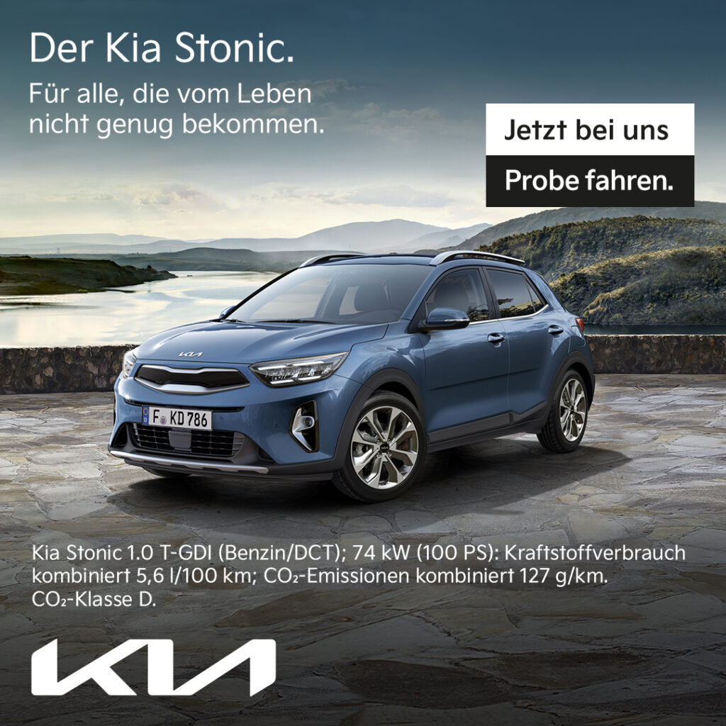 Abbildung eines blauen Kia Stonic vor einer landschaftlichen Kulisse